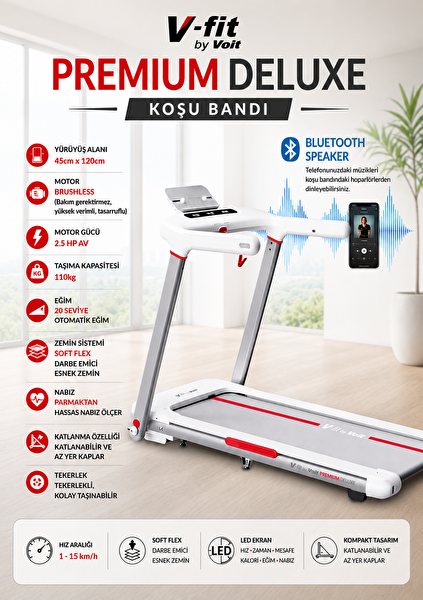 VFit By Premium Delux Koşu Bandı 20 Kademe Eğim Brushless Katlanabilir 15 Km/S Bluetooth Özellikli Beyaz Koşu Bandı