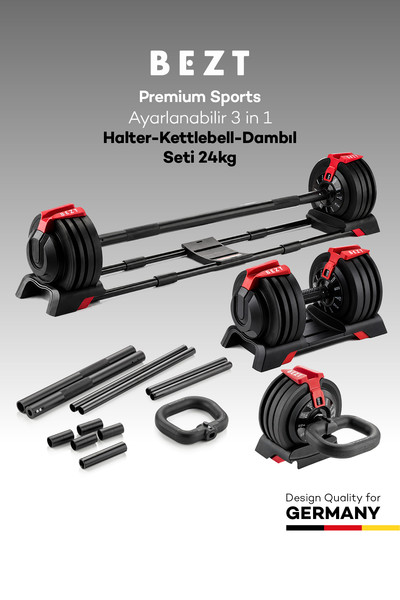 Bezt Premium Sports Ayarlanabilir 3'ü 1 Arada 24 KG Kırmızı Halter - Kettlebell ve Dambıl Seti