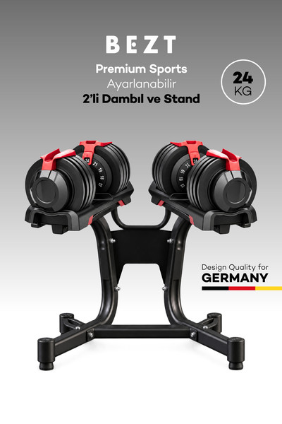 Bezt Premium Sports Ayarlanabilir 2'li 24 KG Kırmızı Dambıl Seti ve Standlı