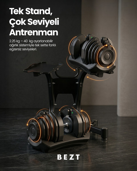 Bezt Pro Sports Ayarlanabilir 2 x 40 KG Siyah Dambıl Seti ve Stand