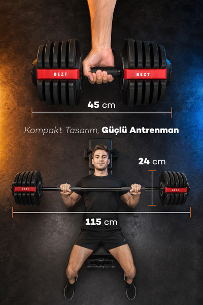 Bezt Premium Sports Ayarlanabilir 2'si 1 Arada 40 KG Kırmızı Halter ve Dambıl Seti