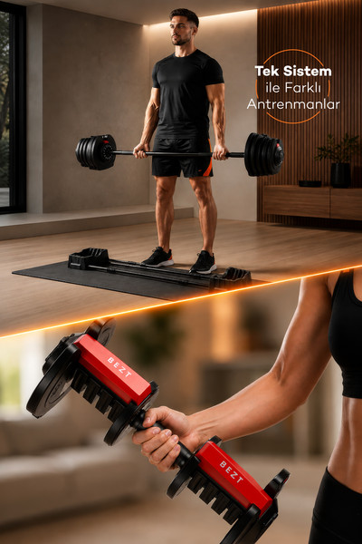 Bezt Premium Sports Ayarlanabilir 2'si 1 Arada 40 KG Kırmızı Halter ve Dambıl Seti
