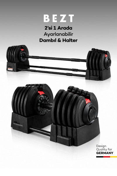 Bezt Premium Sports Ayarlanabilir 2'si 1 Arada 40 KG Kırmızı Halter ve Dambıl Seti