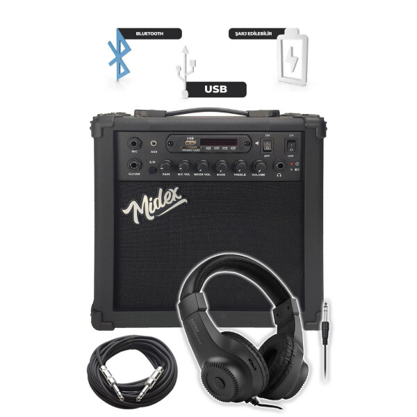 Midex MGA-25BK-PAK 25 W USB Bluetooth ve Şarjlı Elektro Gitar Amfisi (Amfi Mikrofon Stand Kulaklık Jack Kablo)