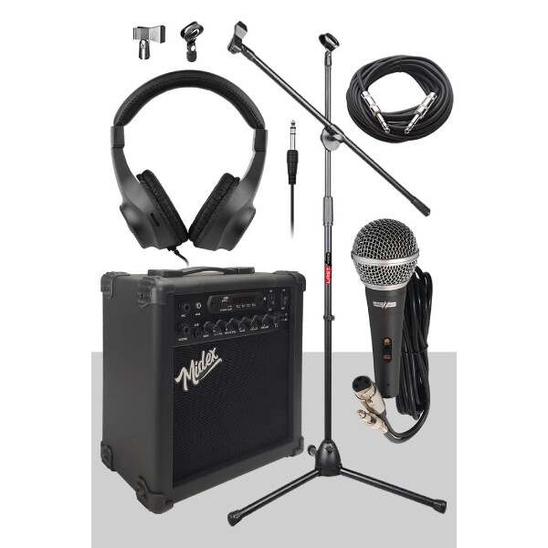 Midex MGA-25BK-PAK 25 W USB Bluetooth ve Şarjlı Elektro Gitar Amfisi (Amfi Mikrofon Stand Kulaklık Jack Kablo)