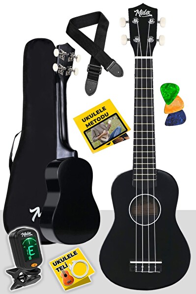 Midex UKX-233BKT Siyah Concert Ukulele (Tuner Tel Askı Çanta Metod Pena)