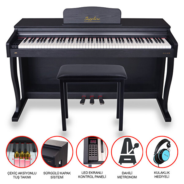 Jwin Jwin Sapphire SDP-215B Çekiç Aksiyonlu Siyah Dijital Piyano - Tabure - Kulaklık