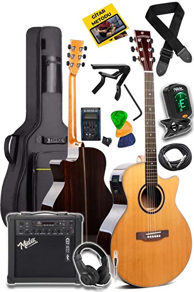 Teknosa Maxword M501-EQ-AMP Üst Segment Profesyonel Masif Ağaç Amfili Elektro Akustik Gitar Seti