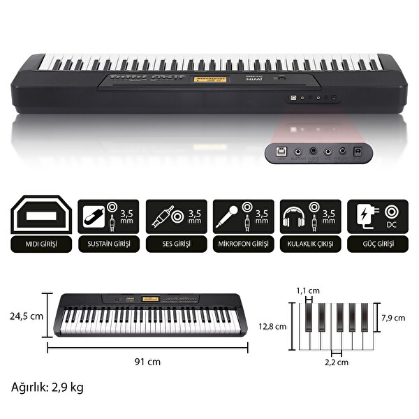 Jwin JTK-3600 61 Tuş Hassasiyetli 5 Oktav Org - Siyah