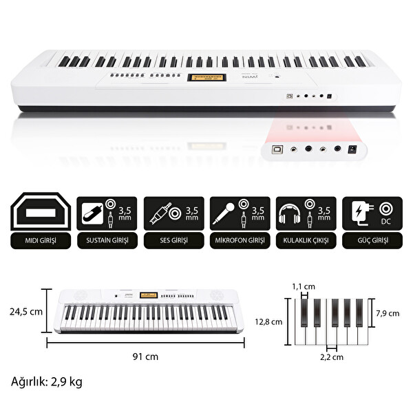 Jwin JTK-3600 61 Tuş Hassasiyetli 5 Oktav Org - Beyaz