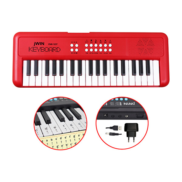 Jwin CMK-1237 37 Tuşlu Elektronik Org Kırmızı - Etiket ve Adaptör