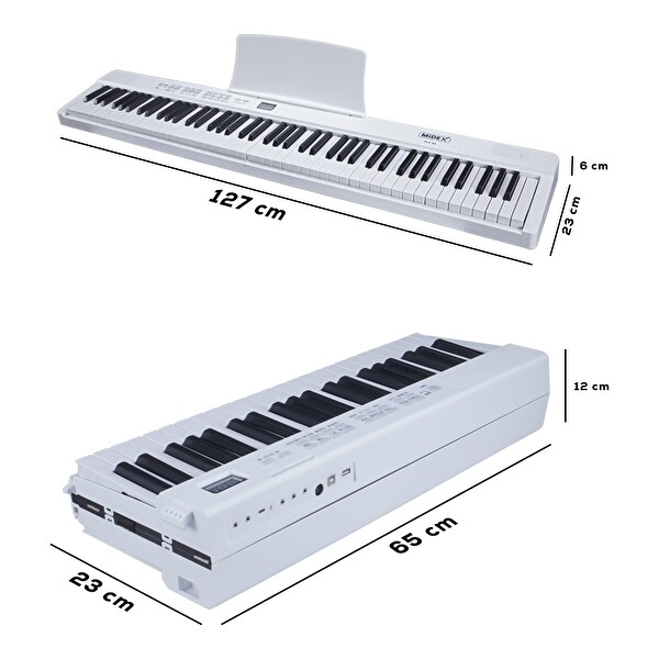 Midex PLX-80WH Taşınabilir Katlanır Dijital Piyano Tuş Hassasiyetli 88 Tuş BT (Sustain Çanta Metod)