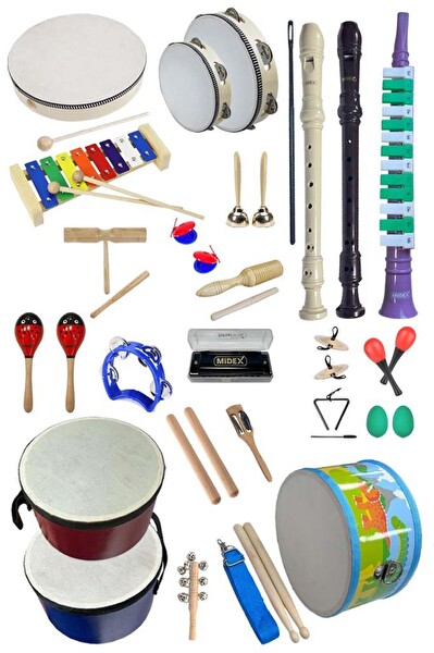Midex Örf Aletleri Seti Overmuch Paket-1 Marakas Zil Üçgen Ksilofon Melodika Mızıka Davul Flüt (26 Parça)