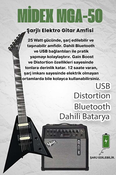 Maxword DG-28BK-50AMP V Kasa Gül Klavye 2x Zebra Humbucker Manyetik 50W Amfili Elektro Gitar