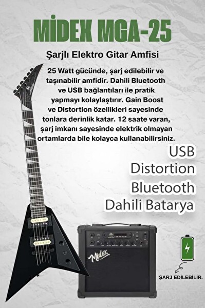 Maxword DG-28BK-25AMP V Kasa Gül Klavye 2x Zebra Humbucker Manyetik 25W Amfili Elektro Gitar