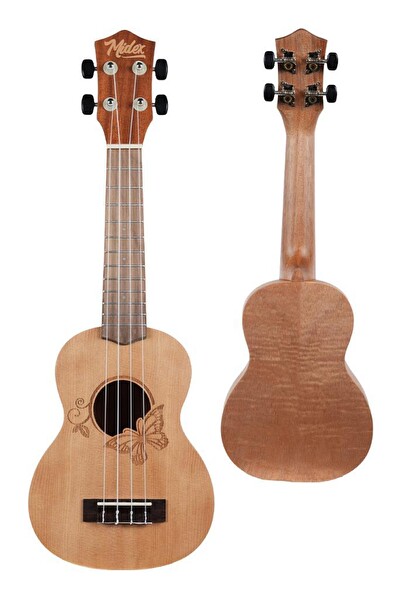 Midex SPA-261 Ladin Ağacı Kelebek Desenli Kaliteli Soprano Ukulele Seti