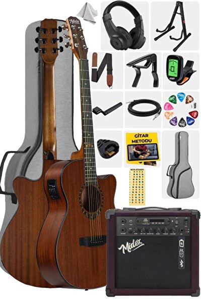 Midex PHX PRO-AMP Amfili Yüksek Kaliteli Masif Elektro Akustik Gitar Seti - Kahverengi