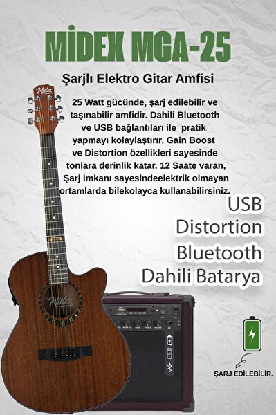Midex PHX PRO-AMP Amfili Yüksek Kaliteli Masif Elektro Akustik Gitar Seti - Kahverengi