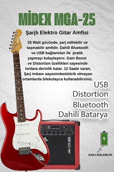 Midex RPH-30WRD-25AMP Kırmızı Strat Kasa SSS 25W Amfili Elektro Gitar Seti