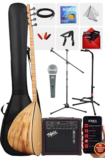 Yonka B-144U-AMP Amfili Uzun Sap Açık Karaağaç Kaliteli Saz Bağlama Seti