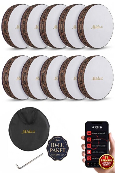 Midex BR-911X 10'lu Bendir Def Toptan Paket Akort Ayarlı El Tutma Oyuklu Çantalı