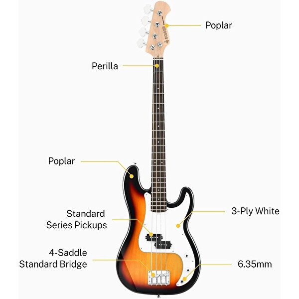 Donner DPB-510S Bas Gitar Paketi Sunburst
