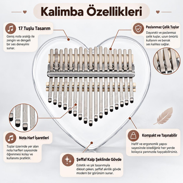 Valkyrie 17 Tuşlu Kalp Şeklinde Kalimba Şeffaf Akrilik Başparmak Piyanosu Nota Etiketli Çantalı Set