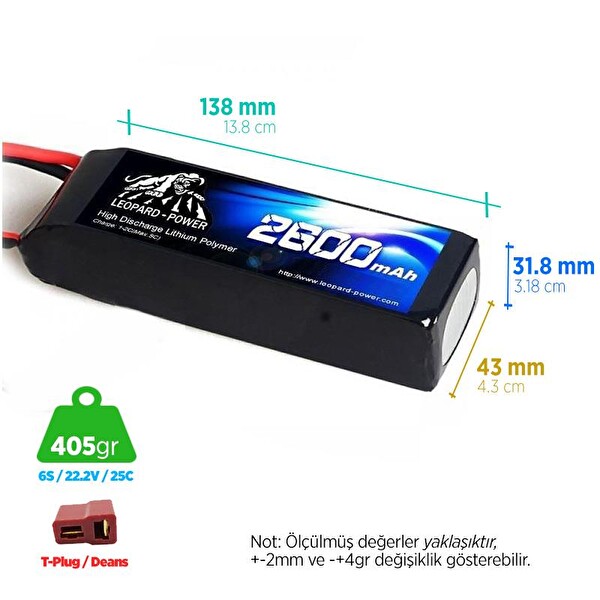 Leopard Power 2600 mAh 22.2V 6s 25C Lityum Polimer Lipo Batarya Pil T Plug