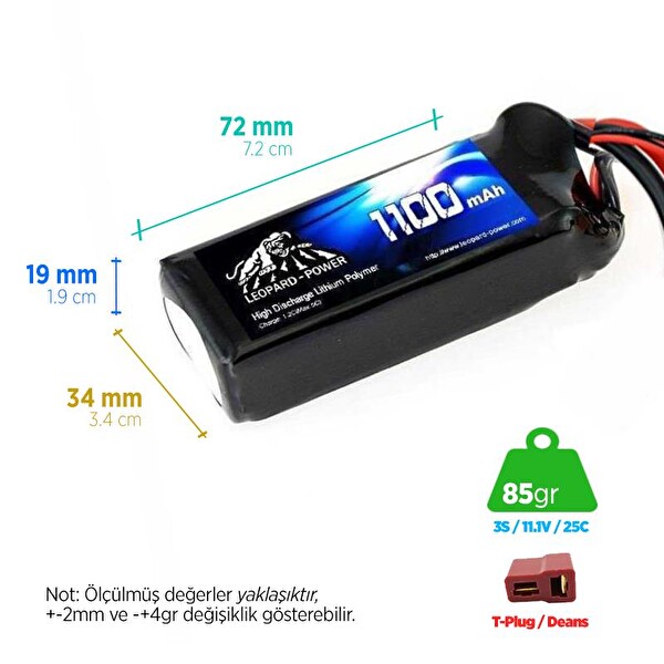 Leopard Power 1100 mAh 11.1V 3S 25C Lityum Polimer Lipo Batarya Pil T Plug