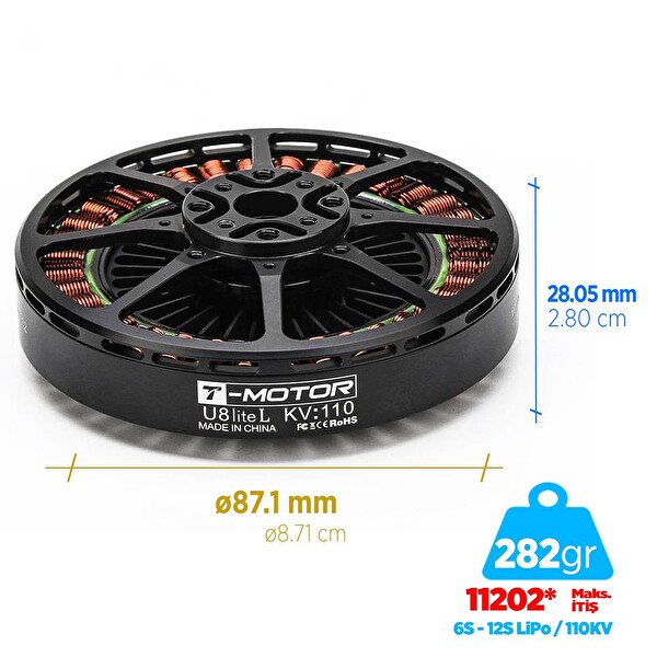 T-Motor U Power Type U8 Lite L 110KV Brushless Fırçasız Motor Multikopter Multirotor Quadcopter Hexacopter Drone Motoru