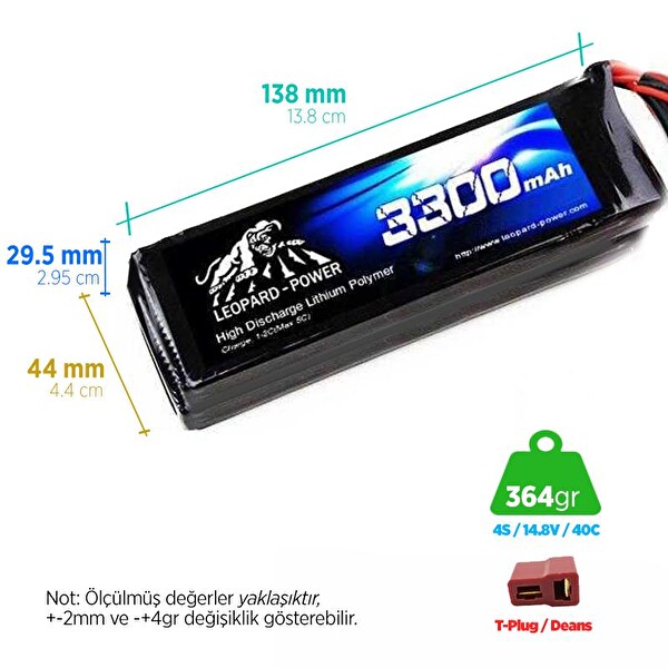 Leopard Power 3300 mAh 14.8V 4S 40C Lityum Polimer Lipo Batarya Pil T Plug