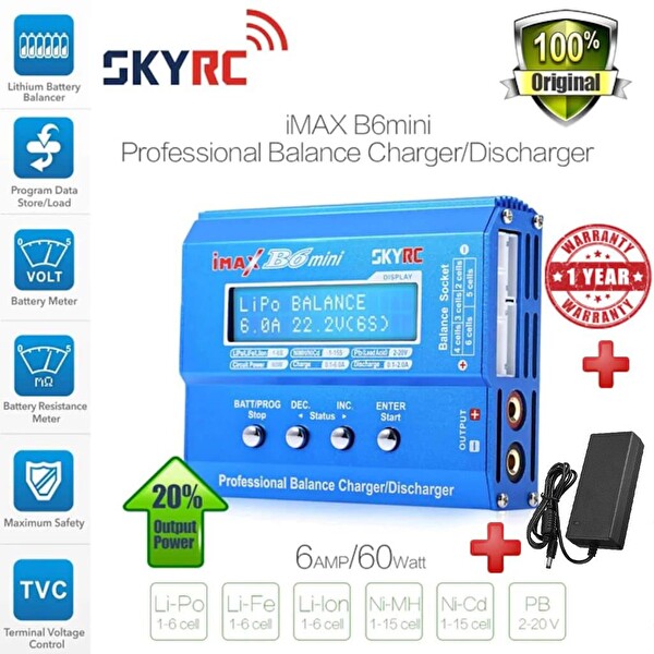 Skyrc İmax B6 Mini Profesyonel Şarj Aleti Orjinal +AC/DC Şarj Adaptörü EU-12V5A