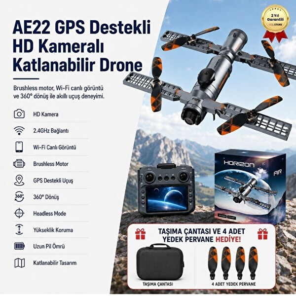 Hzl Store AE22 GPS Destekli HD Kameralı Katlanabilir Drone Brushless Motor - Wi-Fi Canlı Görüntü 360 Dönüşlü