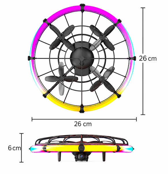 Qasul UFO Tasarımlı RGB LED Işıklı Koruma Kafesli HD Kameralı Drone