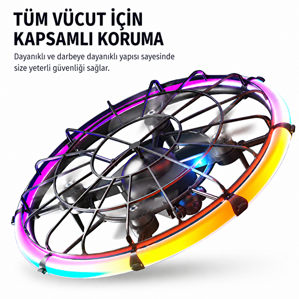 Qasul UFO Tasarımlı RGB LED Işıklı Koruma Kafesli HD Kameralı Drone