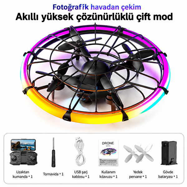 Qasul UFO Tasarımlı RGB LED Işıklı Koruma Kafesli HD Kameralı Drone