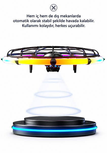 Qasul UFO Tasarımlı RGB LED Işıklı Koruma Kafesli HD Kameralı Drone