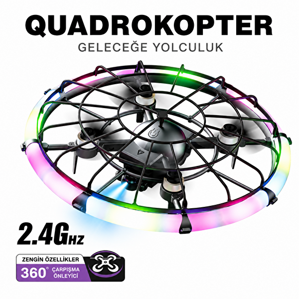 Qasul UFO Tasarımlı RGB LED Işıklı Koruma Kafesli HD Kameralı Drone