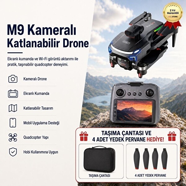 Hzl Store Quadcopter M9 Drone Kameralı Katlanabilir Ekranlı Kumanda Wi-Fi Görüntü Aktarımı ve Taşınabilir Drone