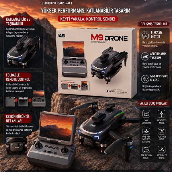 Hzl Store Quadcopter M9 Drone Kameralı Katlanabilir Ekranlı Kumanda Wi-Fi Görüntü Aktarımı ve Taşınabilir Drone