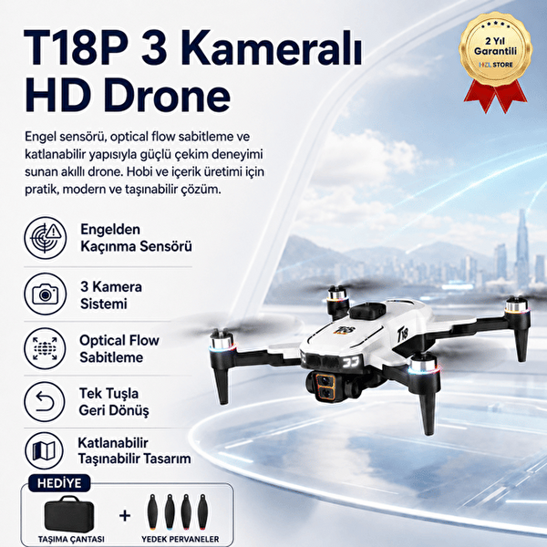 Hzl Store T18P Drone 3 Kameralı HD Engel Sensörlü Katlanabilir Optical Flow Akıllı Drone