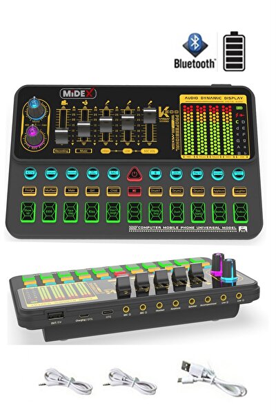 Midex Midex SK500-VS11 Üst Seviye Stüdyo Kayıt Canlı Yayın Bluetooth ve Şarjlı Ses Kartı Efektli Radyo Mikseri (Telefon ve PC Podcast)