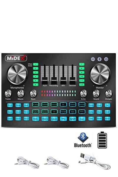 Midex Midex A2-VS20 Üst Seviye Stüdyo Kayıt Canlı Yayın Şarjlı Ses Kartı Efektli Radyo Mikseri (Telefon ve PC Podcast)