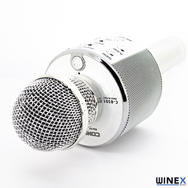 Winex USB-A+TF SD Kart+3.5 MM Aux Girişli Bluetooth Gümüş Karaoke Mikrofonu