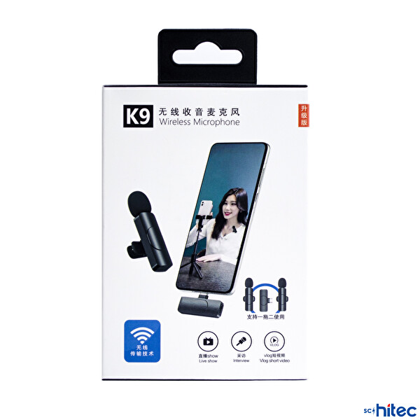 ScHitec K9 Type-C Çift Kablosuz Wireless HD Siyah Yaka Mikrofonu
