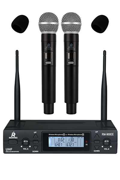 Rennes RM-900EE UHF 2x100 Kanal Çiftli Kablosuz El Mikrofonu Çift Anten LCD Ekran Mikrofon Seti