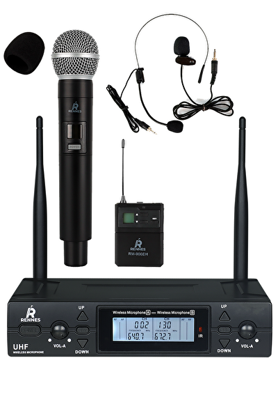 Rennes RM-900EH UHF 2x100 Kanal Çiftli Kablosuz El Yaka Headset Mikrofonu Çift Anten LCD Ekran Mikrofon Seti