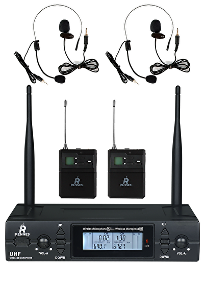 Rennes RM-900HH UHF 2x100 Kanal Çiftli Kablosuz Yaka ve Headset Mikrofonu Çift Anten LCD Ekran Mikrofon Seti