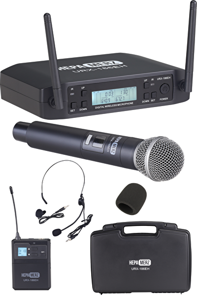 Hepa Merz URX-186EH UHF 2x100 Kanal Çift Anten LCD Ekran Çiftli Kablosuz El Yaka Headset Mikrofonu