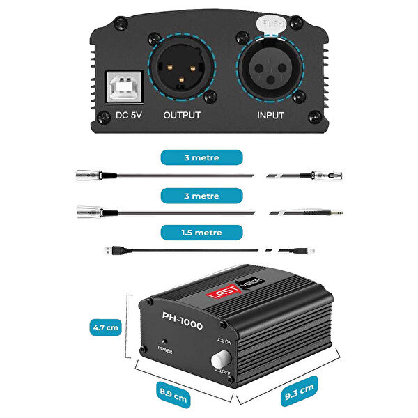 Lastvoice PH-1000SX +48V USB Phantom Power Ses Kartı (XLR Kablo 7.1 Kart 3.5 MM Jack Kablo Adaptör)